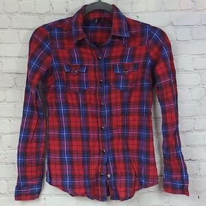 Fun & Flirt Red Plaid Western Snap Cotton Shirt Roll Snap Long Sleeves Small Top